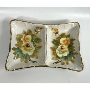 A Small Vintage Yellow White Roses Ceramic Tray With Gold Trim